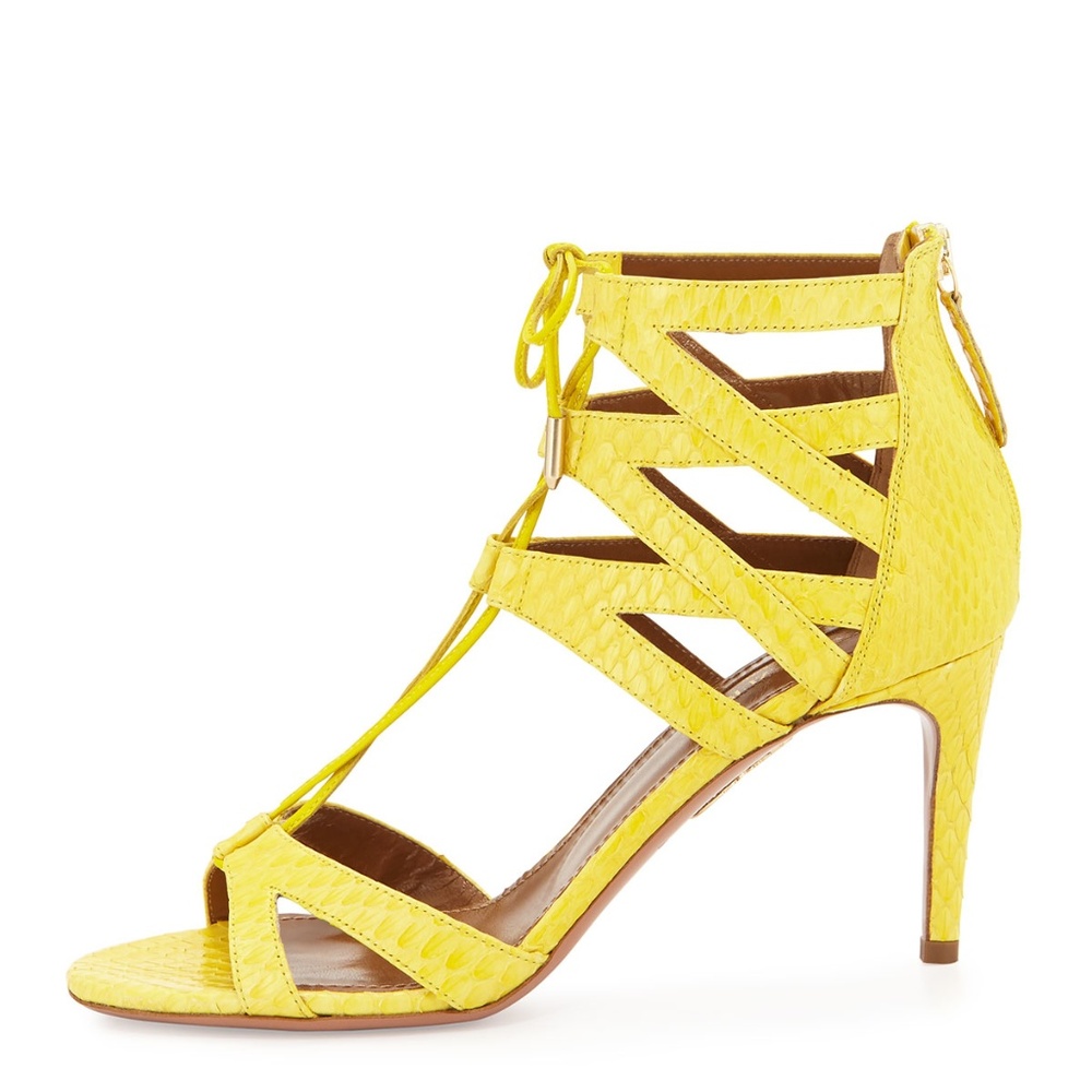 AQUAZZURA Yellow snakeskin Beverly Hills sandals